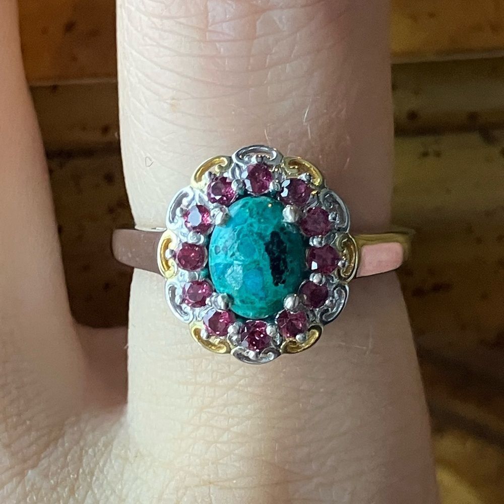 Chrysocolla Orissa Garnet Halo Ring Size 8